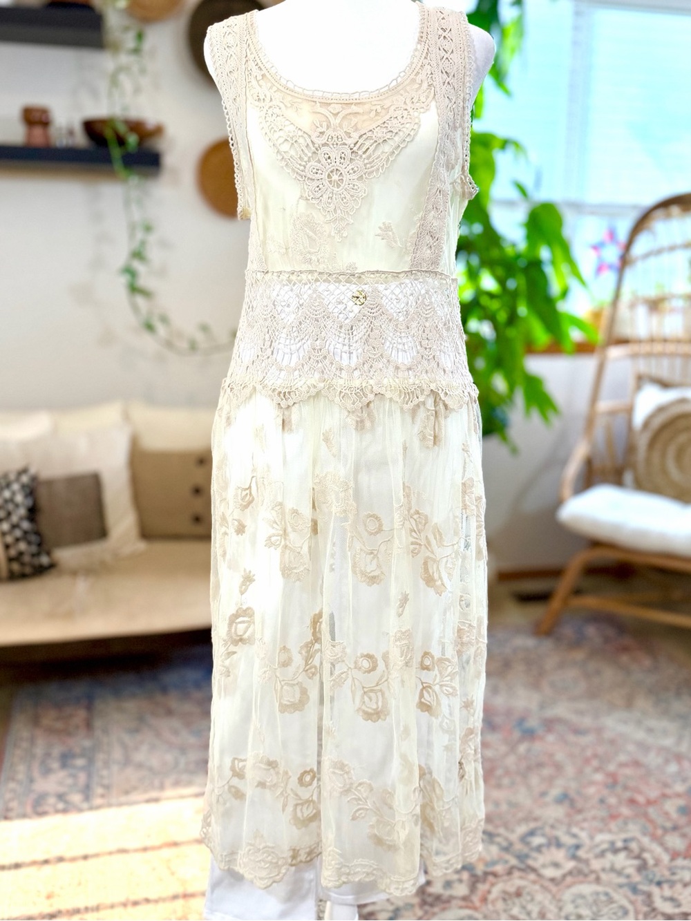 Sundance Ivory Lace Sundress Midi Dress Sleeveless Boho Floral Spring 12
